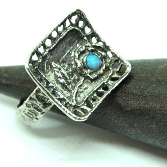Artisan Sterling Silver Blue Opal Flower Ring – Hand Hammered, Size 7.5 - Picture 1 of 15